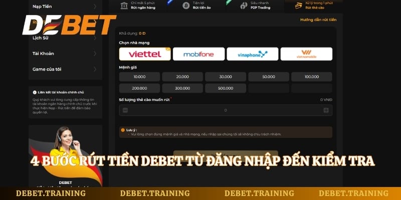 4 bước rút tiền Debet từ đăng nhập đến kiểm tra giao dịch hoàn tất